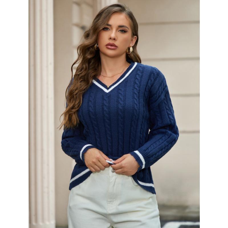 Damen V-Ausschnitt Langarm Pullover Strickpullover