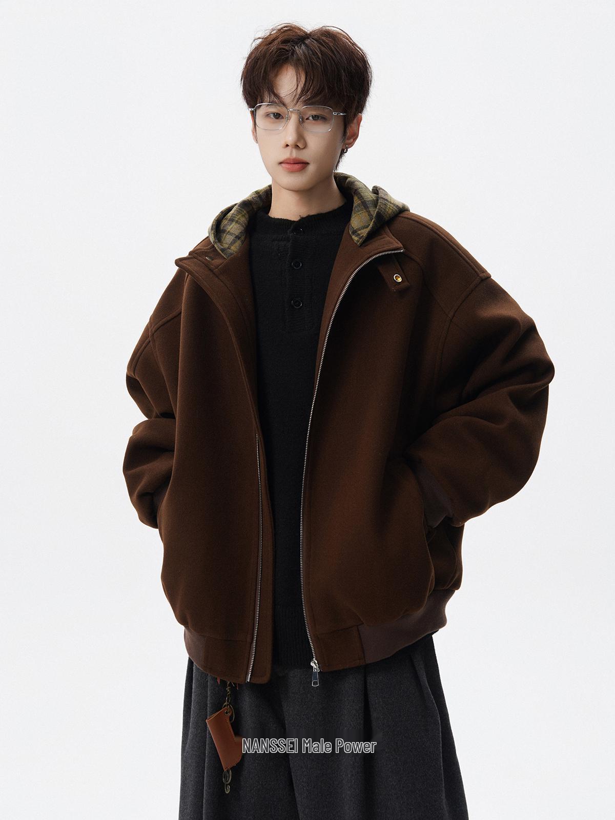 Мужская модная зимняя клетчатая стеганая шерстяная куртка с капюшоном Medium