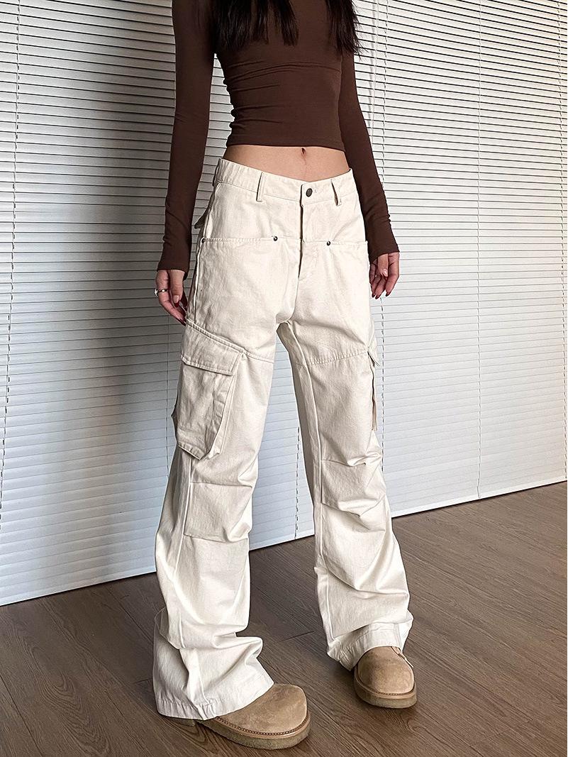 

Женские ретро плиссированные брюки карго цвета экрю с множеством карманов, 2024 L бежевый/кремовый