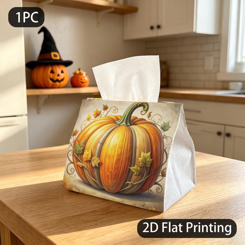 1pc Tissue Box, Watercolor Autumn Pumpkin Warm Rustic Pattern, 2D Flat Printing, Keeps Dust Out, Easy to Carry, Napkin Box, for Halloween, 2D Flat