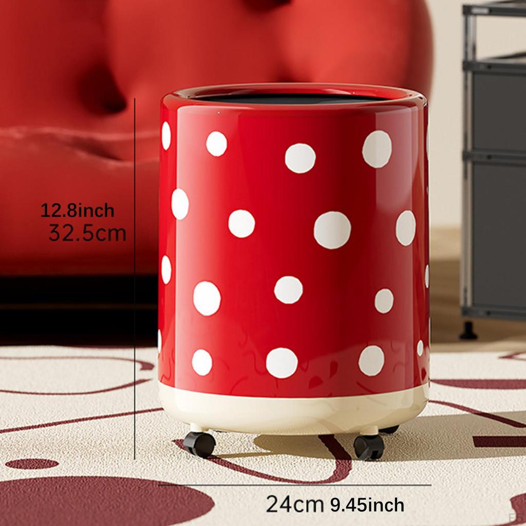 Polka Dot Trash Can Garbage 12L Dustbin with Wheels Uncover Waste Basket Recycling Bin for