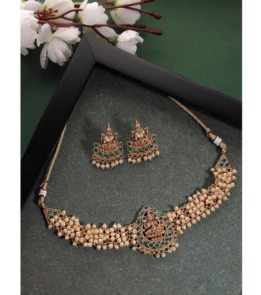 Sparkling Indian Temple Gold Plated Green Beads Choker Necklace Set With Studs Earring | Jewellery Set For Women