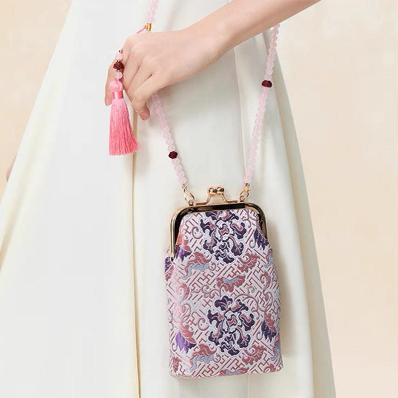 Chinese Style Mulberry Silk Kiss Lock Phone Bag - Ethnic Beaded Crossbody for Hanfu & Qipao
