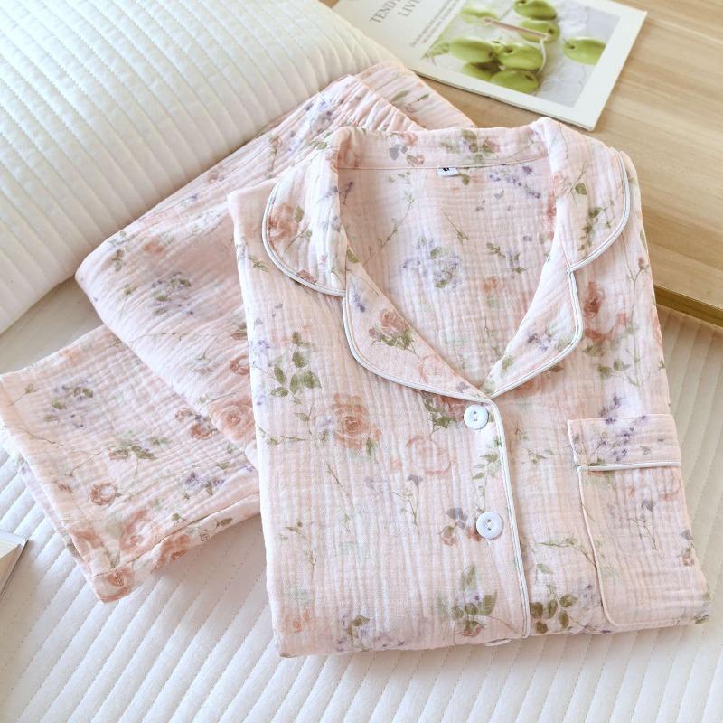 Women's Spring And Autumn Pajama Set Cotton Crape Cloth Flower Collar Long Sleeve Two Piece Set Large Home Clothes