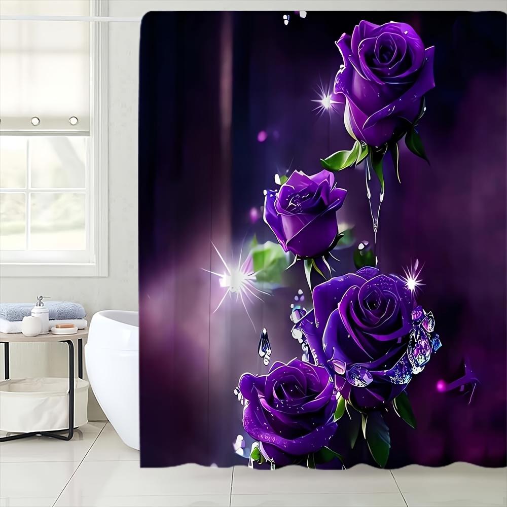 4Pcs Bathroom Shower Curtain Set Purple Rose Bathroom Curtain With 12 Hooks Non Slip Rugs Toilet Cover Mat Bathroom Partition