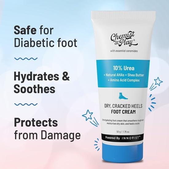 Chemist At Play Foot Cream for Cracked Heels & Diabetic Foot | Up To 24 Hours of Moisturization | 10% Urea & Natural AHAs |  Hydration | 50g