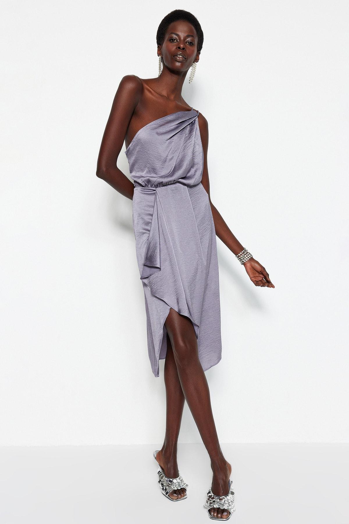 

Women s Dress New Season Fashion Gray Double Breasted Lined Woven Satin Evening Dress Evening Dress