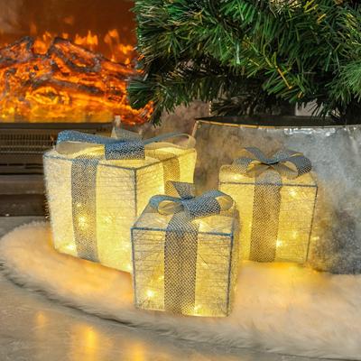 Set of 3 Christmas Glow Gift Boxes, Warm Glow Christmas Box Decoration, Christmas Gift Boxes with Bow for Christmas Tree, Home, Christmas Decoration