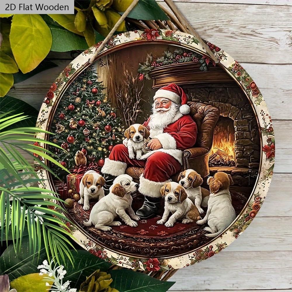 Rustic Christmas Wooden Sign with Santa Claus & Dogs Pattern - Navidad Artwork for Front Door, Wall Hanging Decor - Ideal Christmas Decoration