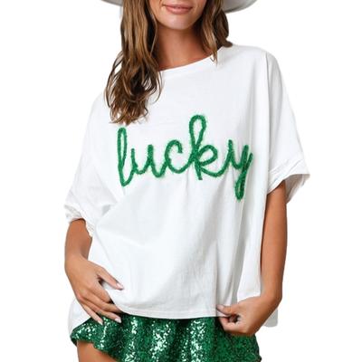 Women's Irish Tops Fashion Letter Patchwork Print Short Sleeve Round Neck T-Shirts Blouses Aesthetic Clothes