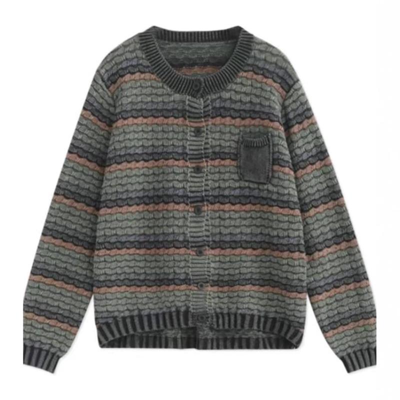 Johnature Women Vintage Knitted Sweaters O-Neck Long Sleeve Striped Spring Soft Patchwork Pockets Sweaters