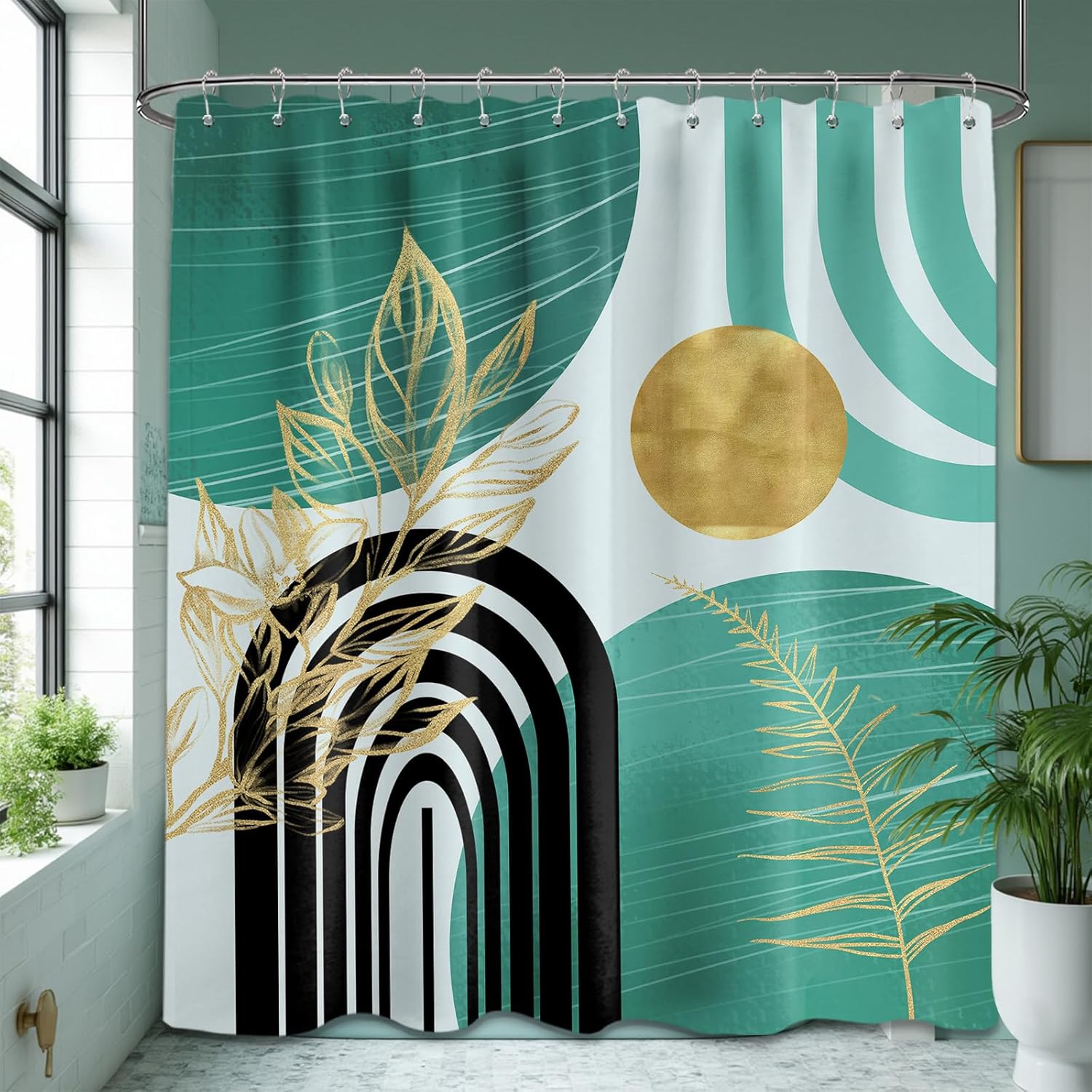 

Mid-Century Modern Shower Curtain Black and White Shower Curtain for Bathroom Decorative Abstract Shower Curtain with Hooks W90xH180cm