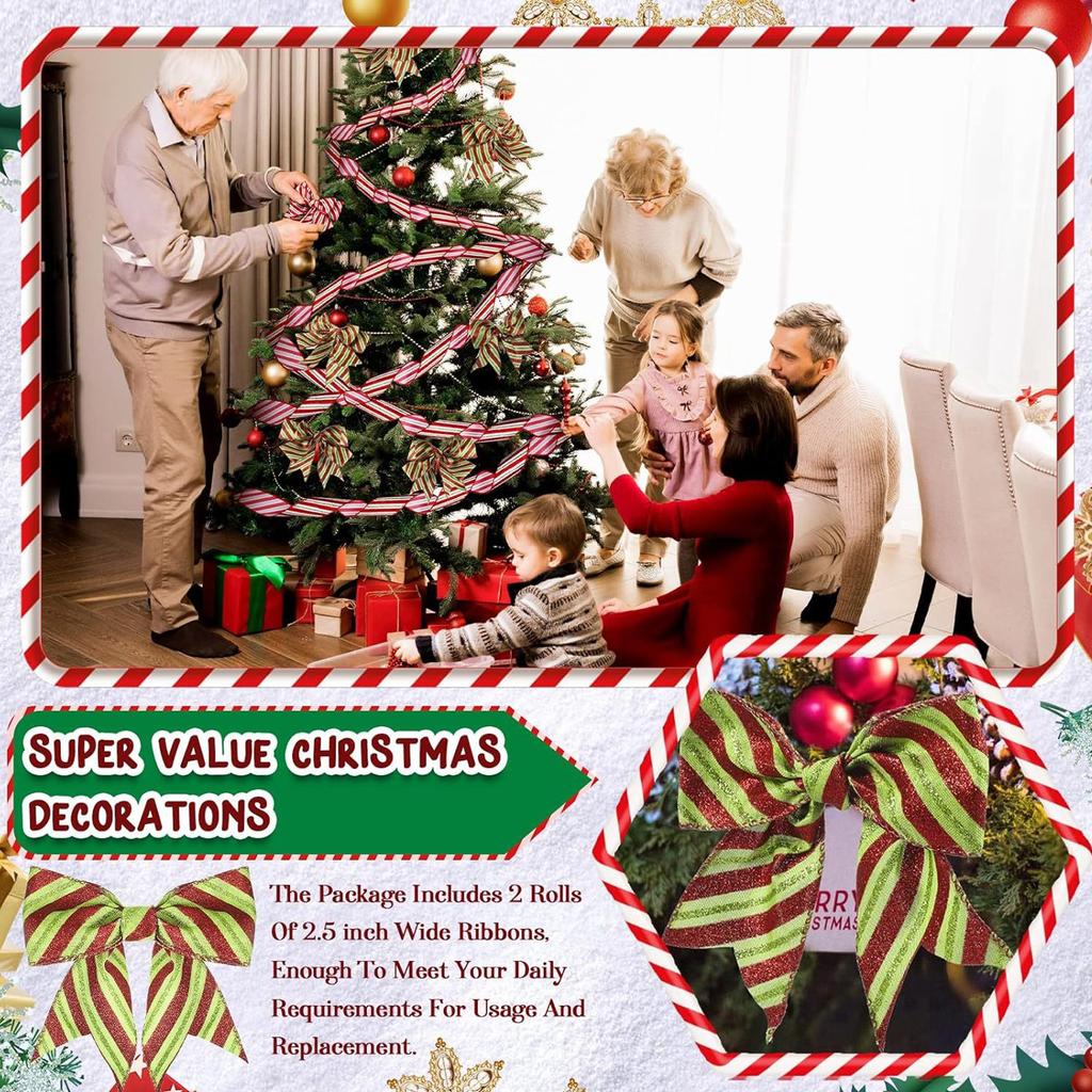 Christmas Red And Green Striped Glitter Ribbon, Christmas Wrapping Decoration, Suitable For Family Party DIY Craft Bow, 2.5 Inch