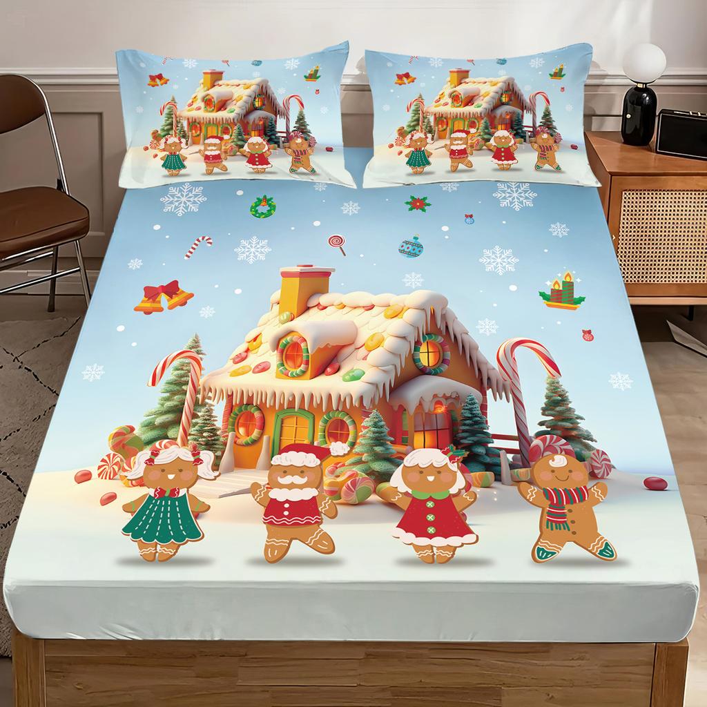 3pcs Christmas House Gingerbread Man Chipless Bed Sheet Set Multi Size Soft Bed Cover Bedroom Dormitory Bedding Decoration
