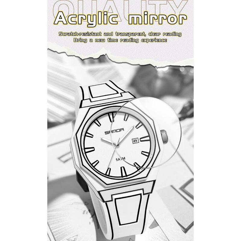 SANDA Fashionable Men's Quartz Watch Waterproof Silicone Strap Unique Scale Calendar Creative Lines Student Watches