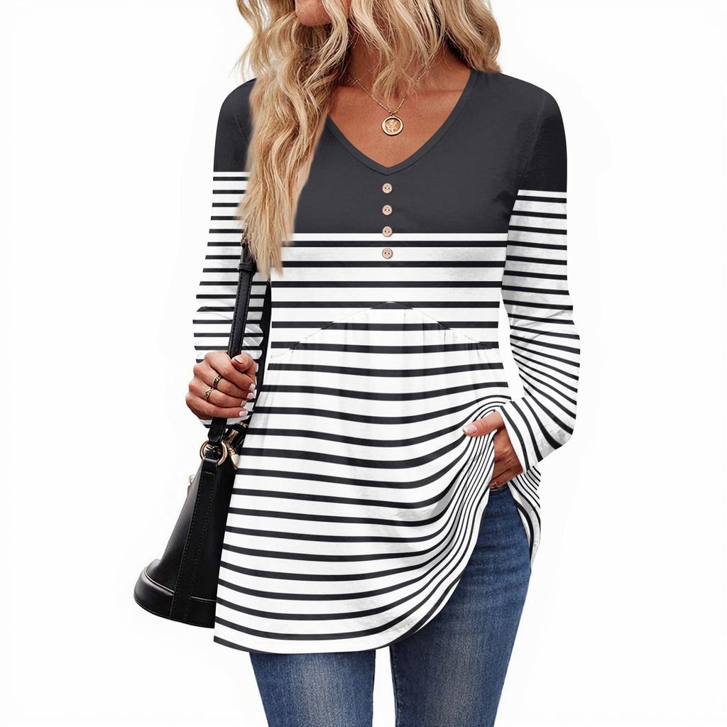 Women's Casual Fashion V-Neck Button Striped Long Sleeve Top