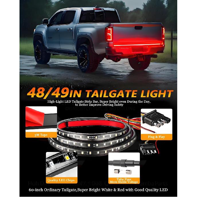 Qasim 48/49Inch LED Truck Tailgate Light Strip 5 Function Red/White For Tail Running Brake Light Turn Signal Emergency Warning Reverse Light For