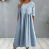 Beach Dress Short Sleeve Round Neck Pocket Wrinkle Casual Daily Wear Flax Solid Color Ladies Dress Vacation Accessory