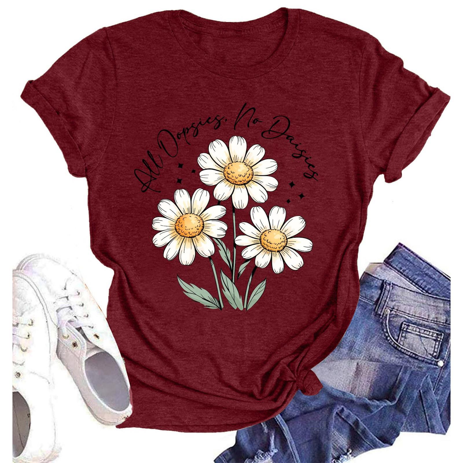 

Женская модная повседневная летняя удобная блузка с круглым вырезом и коротким рукавом с принтом XL винный