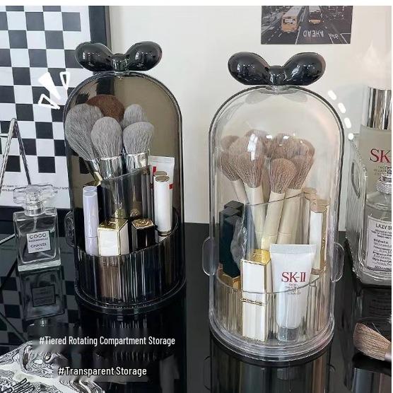 Rotating Transparent Makeup Brush & Lipstick Organizer with Dustproof Design