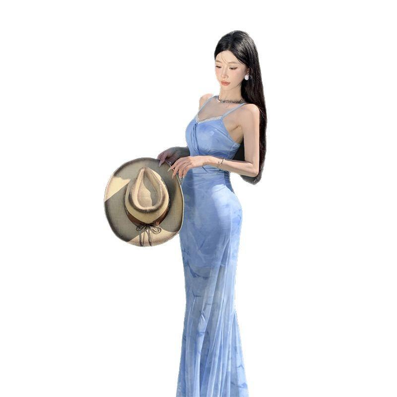French High-end Spice Girl Smudged Mesh Splicing Suspender Skirt Summer Temperament Waist Slim and Thin Fishtail Dress
