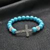 Unisex Stretchy Turquoise Bead Bracelet 10mm Stones Crucifix Symbol Adjustable Spiritual Wrist Accessory for Women Men