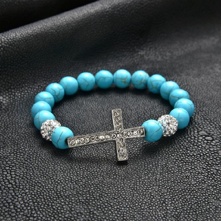 Unisex Stretchy Turquoise Bead Bracelet 10mm Stones Crucifix Symbol Adjustable Spiritual Wrist Accessory for Women Men