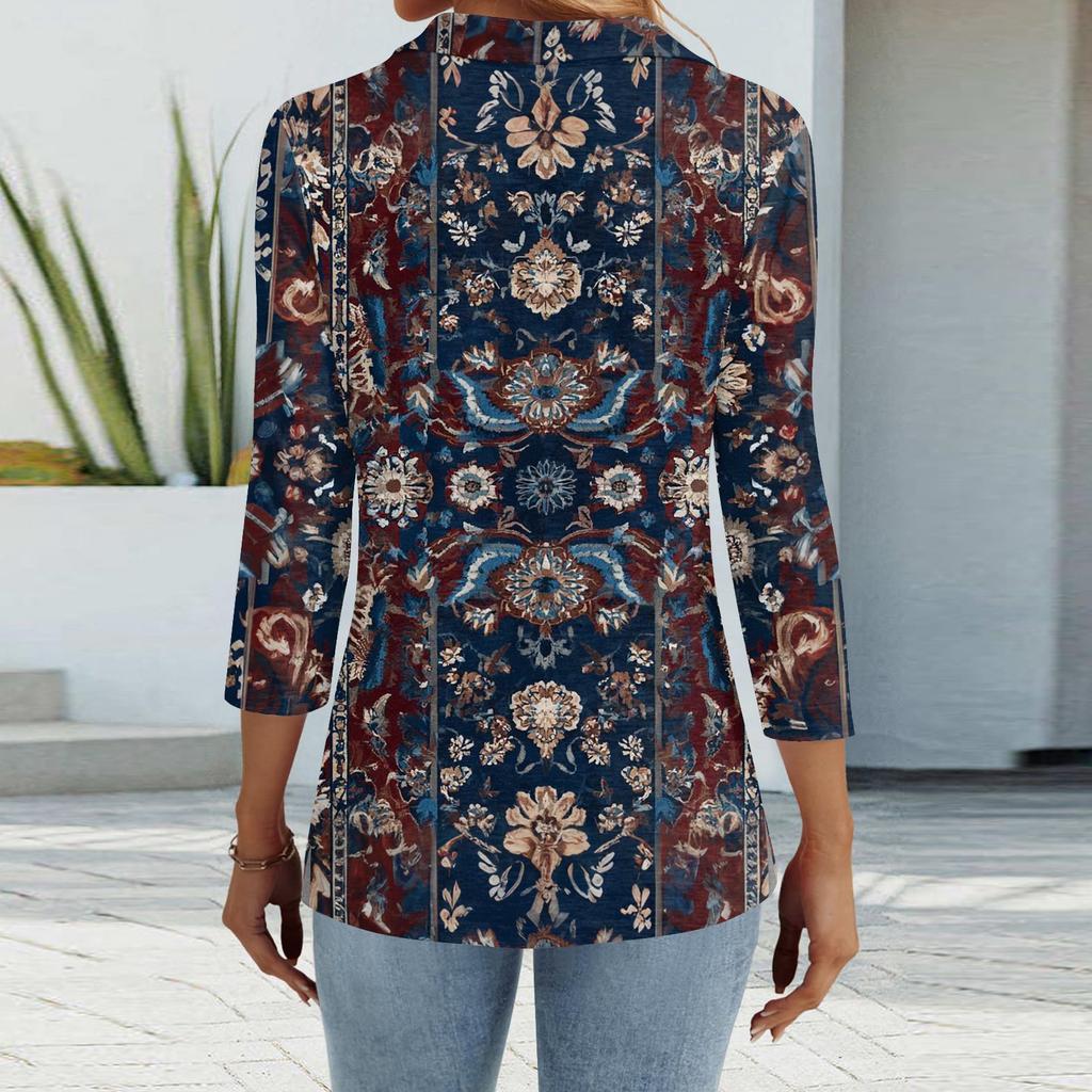 Women's Fashion Casual Lapel Short 3/4 Sleeve Print Shirt Women's Button Up Tops
