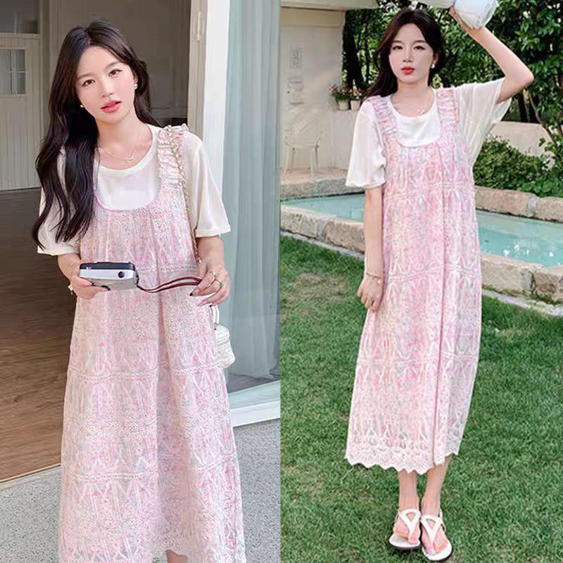 Elegant Lace Jacquard Maternity Two-Piece Dress Set with Hollow Embroidery L