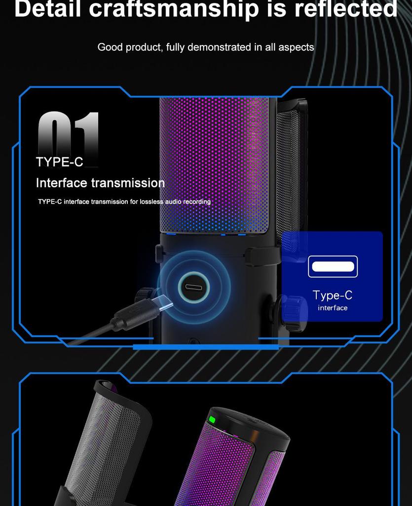 USB Capacitive Microphone with Noise Reduction & RGB Lights for Computer, Phone Recording, Gaming, Streaming & Video