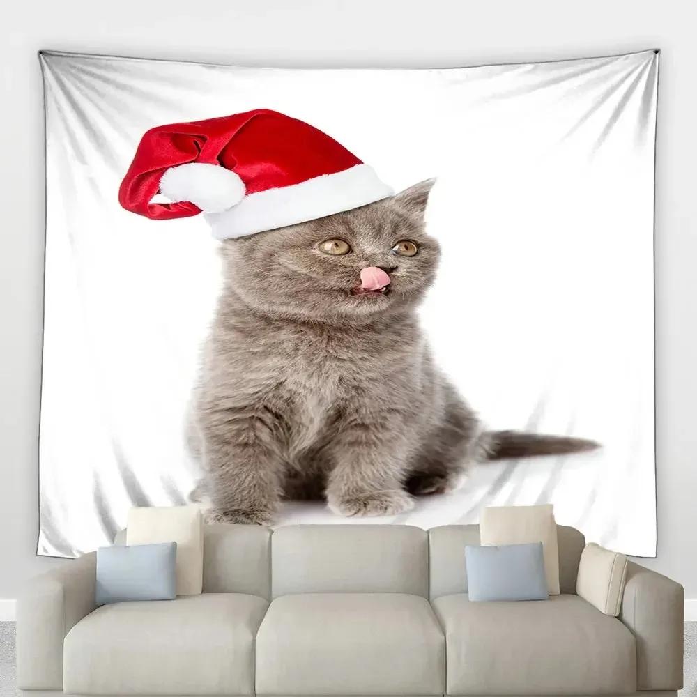 Weihnachten Niedliche Katze Wandteppich Schlafzimmer Wohnzimmer Zuhause Weihnachten Dekorative Wandteppich