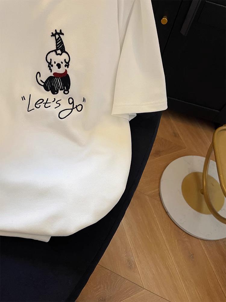 Women's White Embroidered Puppy Short Sleeve T-shirt - Spring 2025 Casual Top