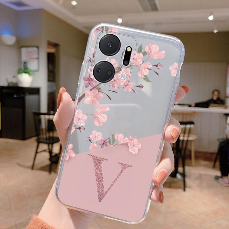 Letter A-Z Flower Phone Case For Honor X7a X7b X7c 90Smart 90 200 Lite Pro Silicone Soft Cover Fashion Funda Transparent Clear