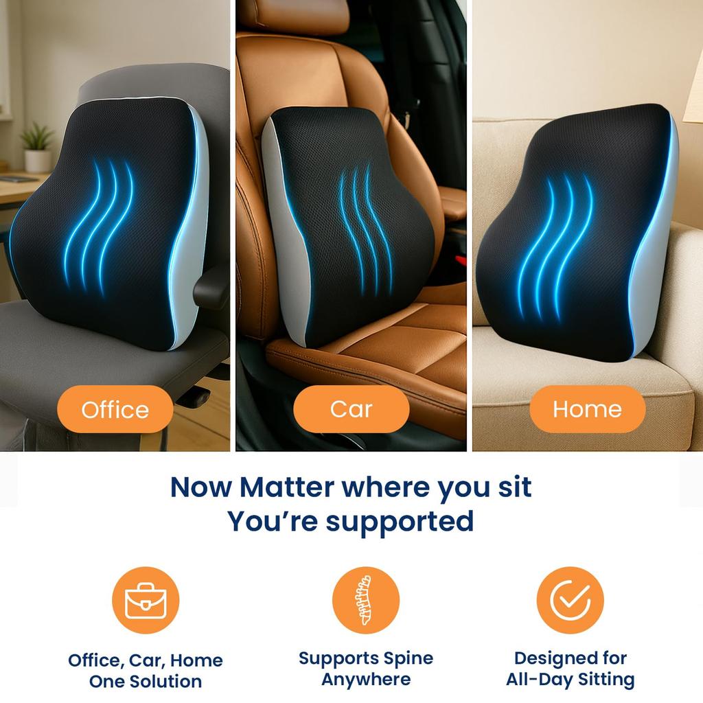 (Supporto Lombare Nero/Grigio (Memory Foam) Cuscino Lombare per Sedia da Ufficio per Mal di Schiena, Sedile per Auto, Schiuma a Memoria