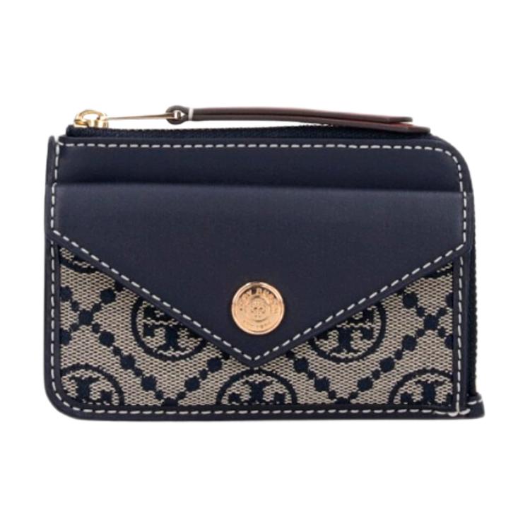 Tory Burch T Monogram Logo Patch Design Cotton Card Holder Regular Women Accessories Blue 165035-405 Basic Set (Bag+Dust Bag)
