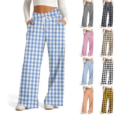 Dámske široké ležérne nohavice s vysokým pásom, kockované športové nohavice