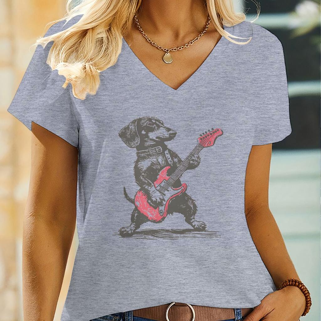 Vintage Dachshund Playing Guitar TShirt Women Funny Wiener Dog Rocker Tee Top Dog Lover Gift Fashion Short Sleeve Vneck Tee