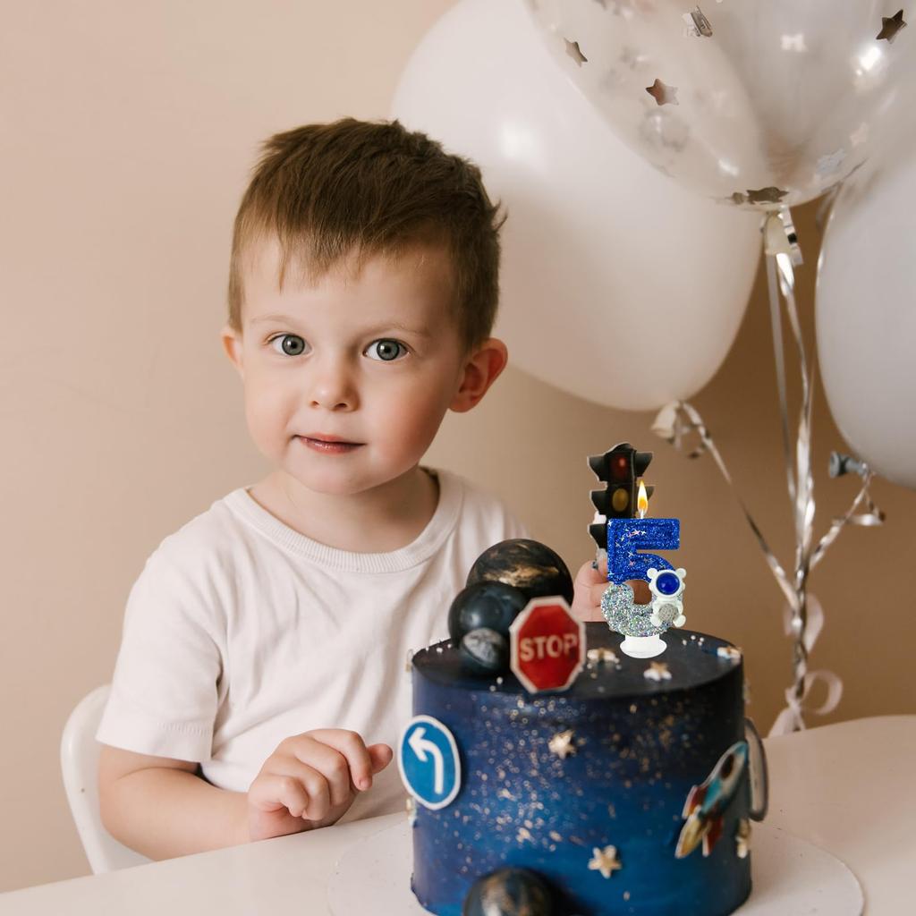 Spaceship Astronaut 0-9 Universe Sparkler Candle for Birthday Cake Boy, Topper for Party Decorations Anniversary Celebrations