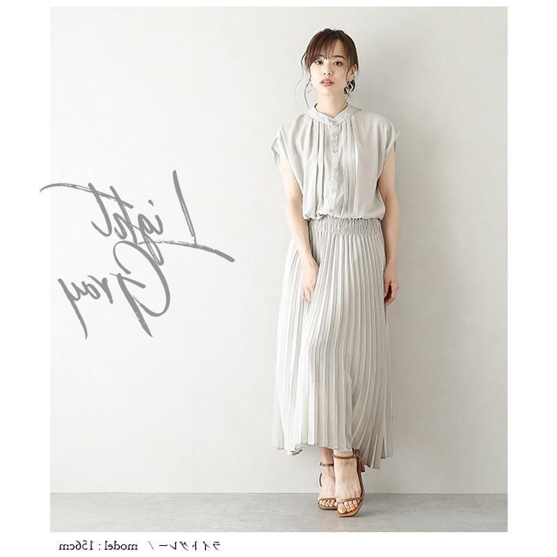 Women Sleeveless Stand Collar Dress Chiffon Pleated Midi Dress High Waist Slim Fit Solid Color Japanese Commuter Dress