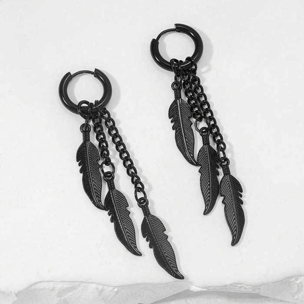 2pc Punk Colored Stainless Steel Feather Earrings, Leaf Chain Earrings, Long Earrings, Suitable For Women's Gatherings