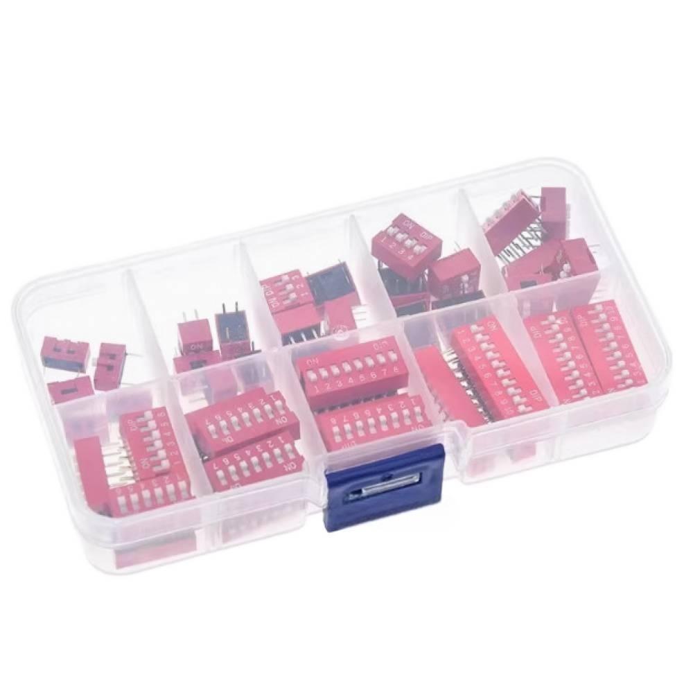 45PCS/Box Dip Switch Kit 1/2/3/4/5/6/7/8/9P Pitch 2.54mm Toggle Switch Red Snap Switches Mixed Kit Each 5PCS Combination Set