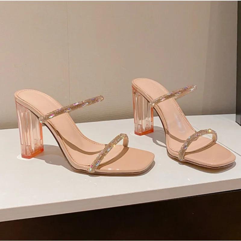 

Женские тапочки Летняя Новая Мода Открытый Носок Стразы Высокий Каблук Тапочки Женские Прозрачный Каблук Обувь для Женщин Zapatos 40 розовый