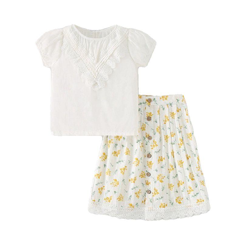 Kids Floral Suit Skirt 2024 Summer New Girl Pure Cotton White Woven Short Sleeve T-shirt Thin Two-Piece Suit 6