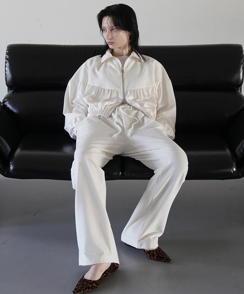 320Showroom Velvet Yoke Satin Shirring Zip-Up Ivory