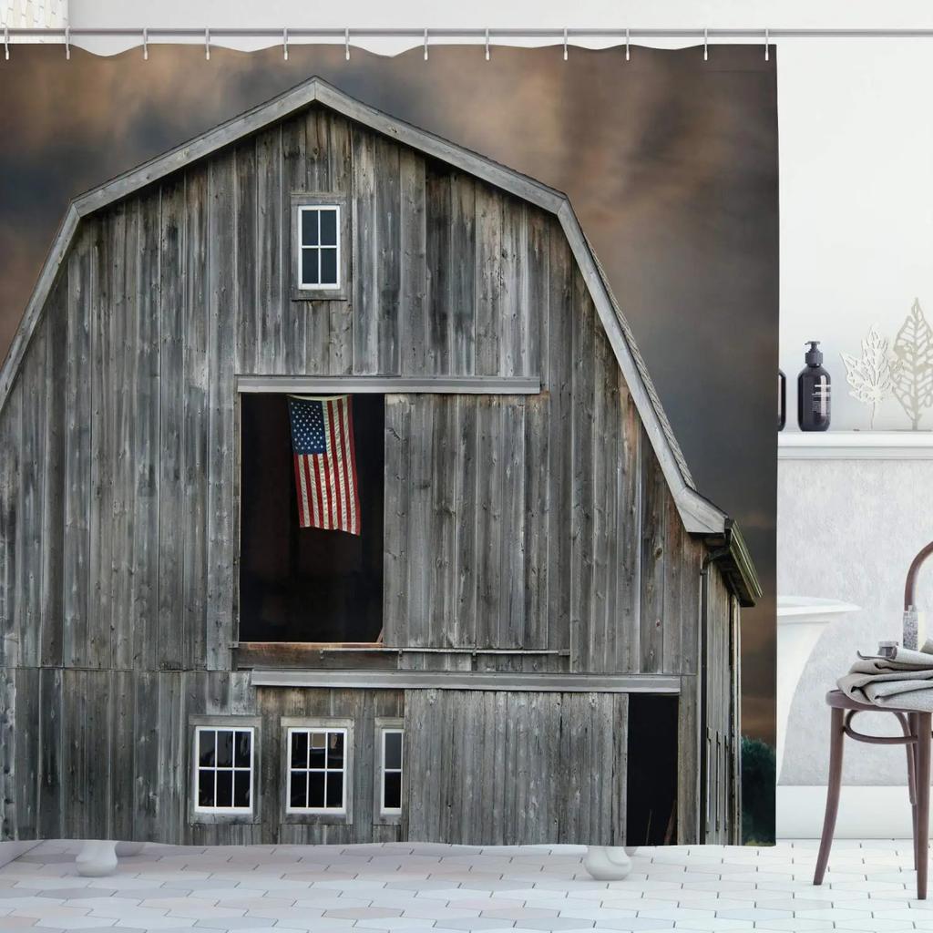 Průmyslový sprchový závěs, Steampunkový styl Antická mosazná kulatá upevňovací spona, Látkový koupelnový dekorační set s háčky