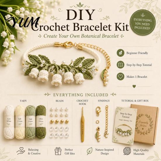 Relaxing Screen Free Activities DIY Crochet Bracelet Kit, Flower Craft Set with Beads, Stress Relief Arts And Crafts Floral Making Kit for Beginners,