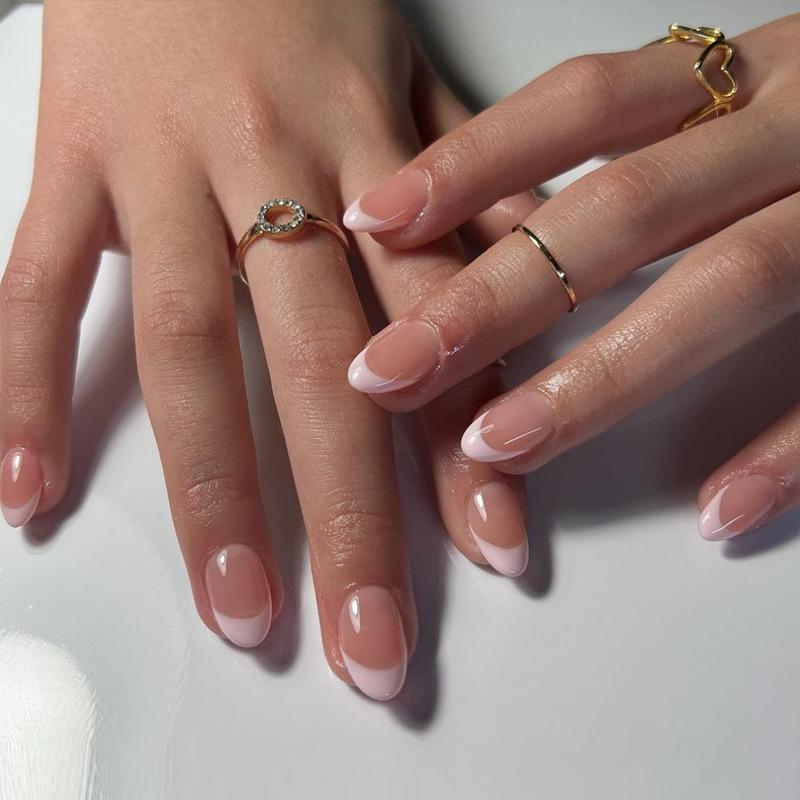 24Pcs French Tip Almond Press On Nails Solid Gradient Full Cover Acrylic False Nails Wearable Manicure Nail Art