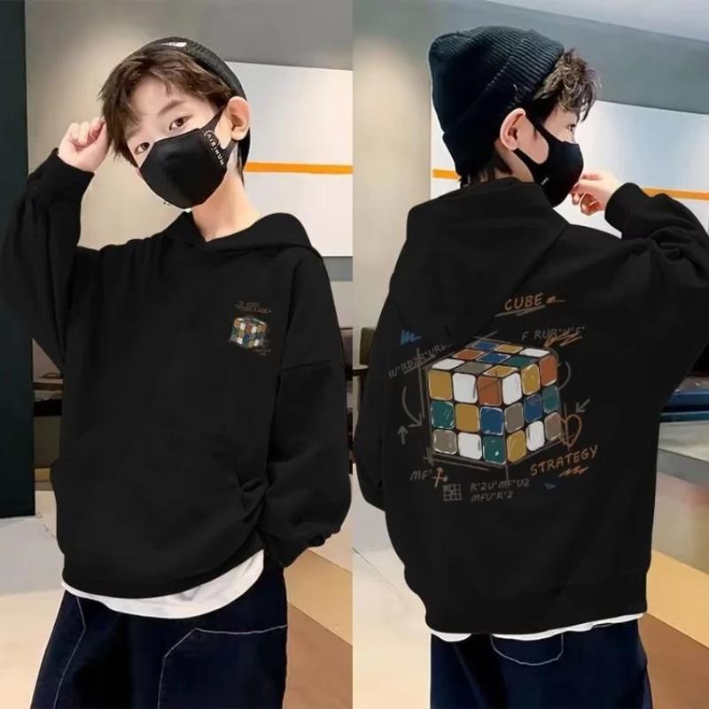 Autumn/Winter Children's Casual Warm Hooded Sweatshirt with Unique Magic Cube Pattern - Korean Style Cool Hooded Sweatshirt