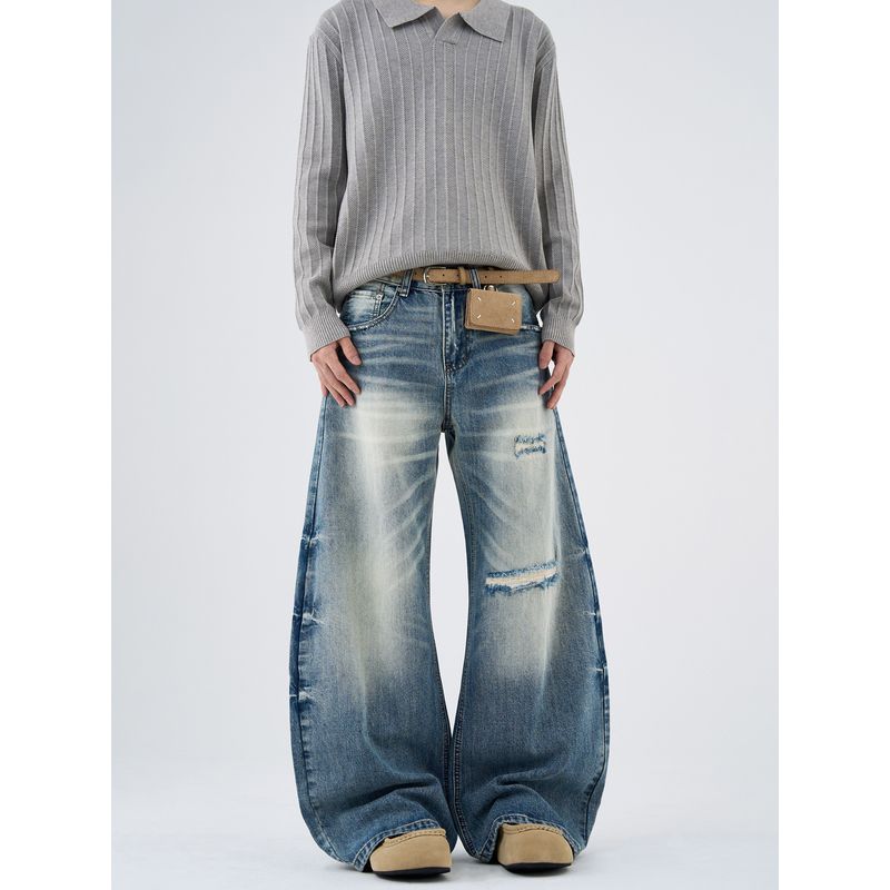 Kisko American Retro Distressed Washed Blue Scimitar Jeans Unisex Loose Straight Cleanfit Pants