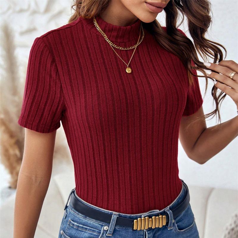 Modny, dopasowany krój, okrągły dekolt, damski T-shirt, damskie koszulki z krótkim rękawem, 2024, letni, swobodny, prążkowany, dzianinowy T-shirt, damski, elegancki, jednolity, damski T-shirt 24405